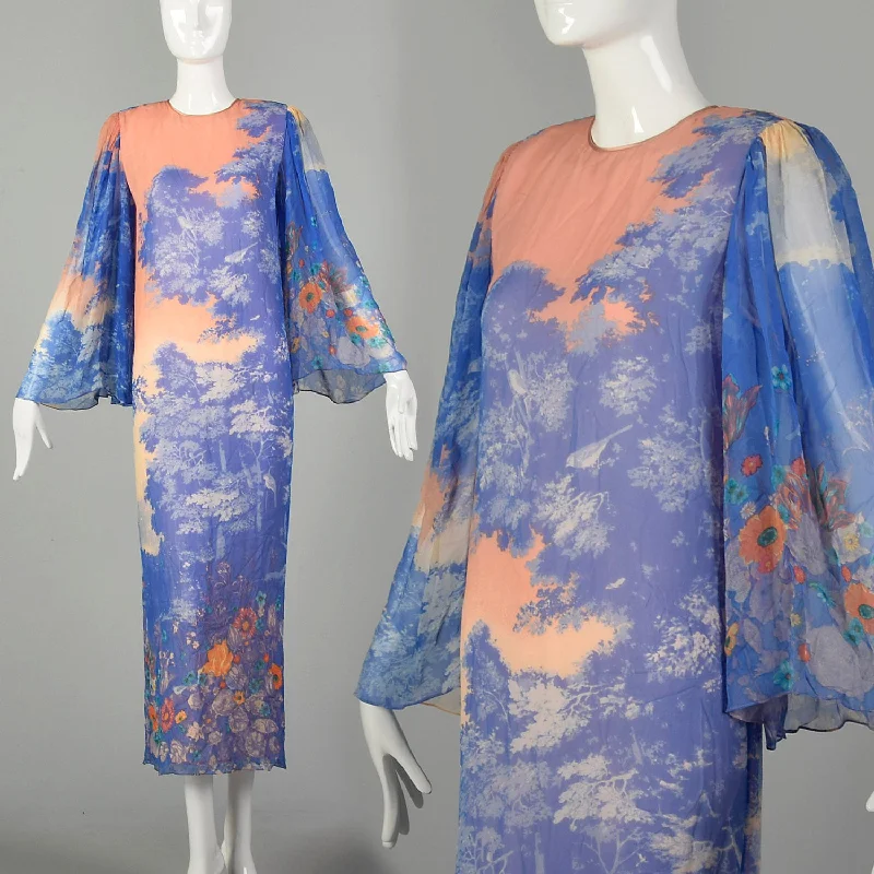 Small 1980s Hanae Mori Dress Blue Woodland Print Lightweight Silk