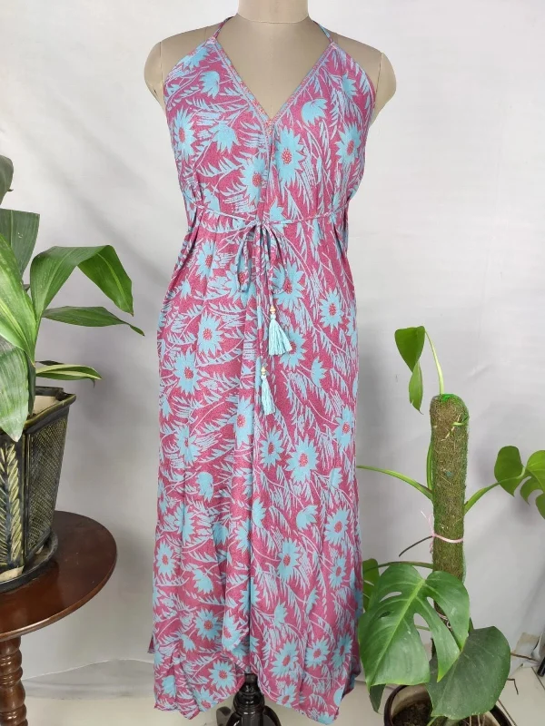 Boho Recycle Silk Magic Summer Maxi Halter Dress | Pink Purple Hues Floral
