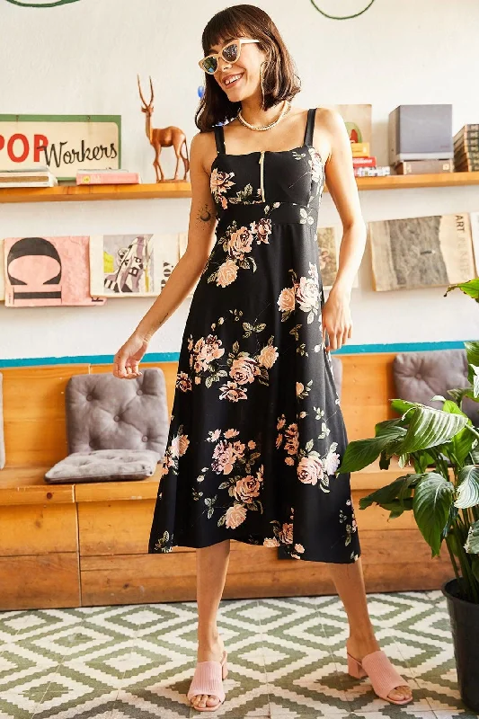 Women's Black-Powder Zipper Patterned Dress ELB-19000615