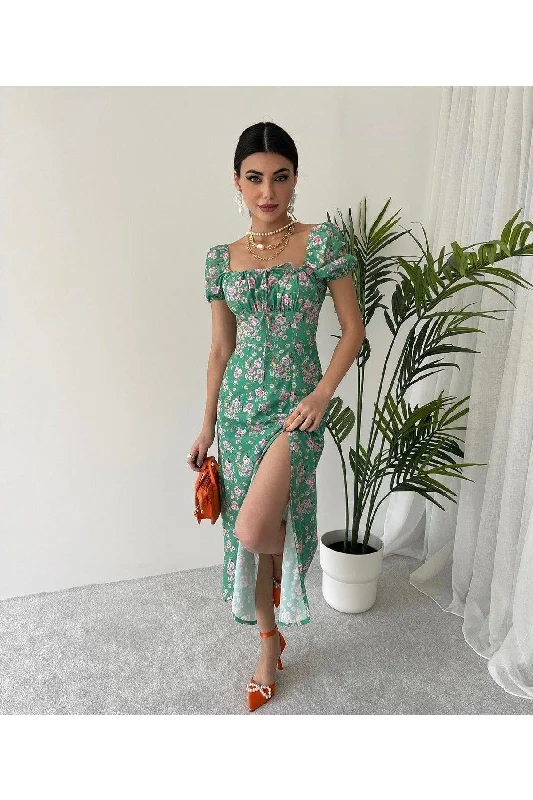 Green Floral Midi Length Slit Dress