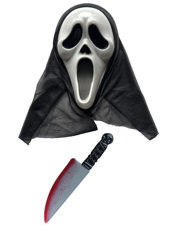 Scream Hooded Mask and 38cm Fake Blooded Knife Prop - Halloween Horror Spooky Fancy Dress Party Costume Set
