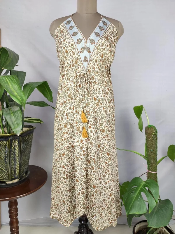 Boho Recycle Silk Magic Summer Maxi Halter Dress | Ivory Brown Floral Motifs