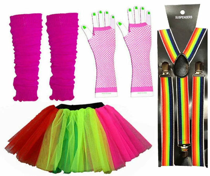 Adult Ladies Tutu Gloves Legwarmers & Braces Rainbow Gay Pride Fancy Dress Set