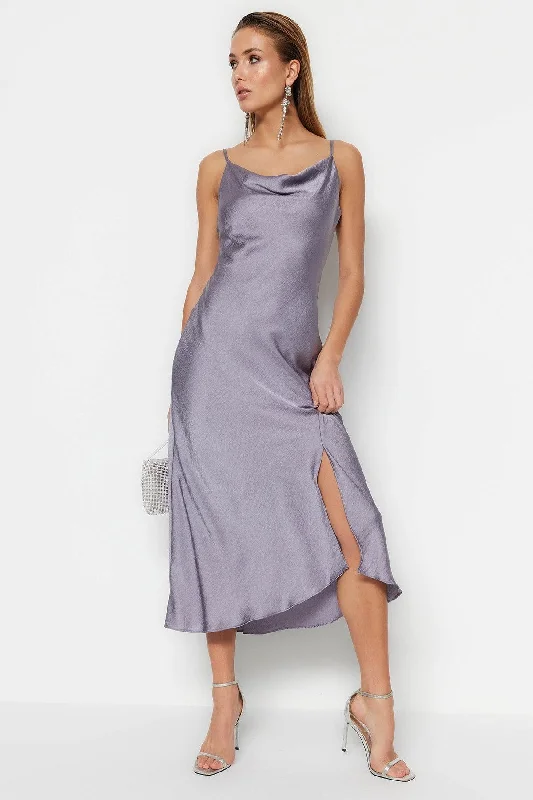 Gray Lined Woven Satin Elegant Evening Dress TPRSS19BB0058