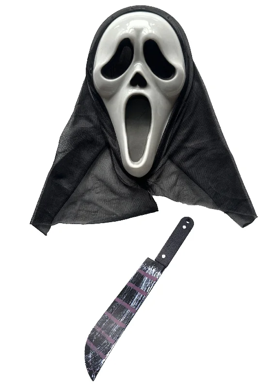 Ghost Killer Mask, Scream Mask with Hood, and 50cm Fake Blooded Machete Prop - Halloween Horror Ghost Fancy Dress Set