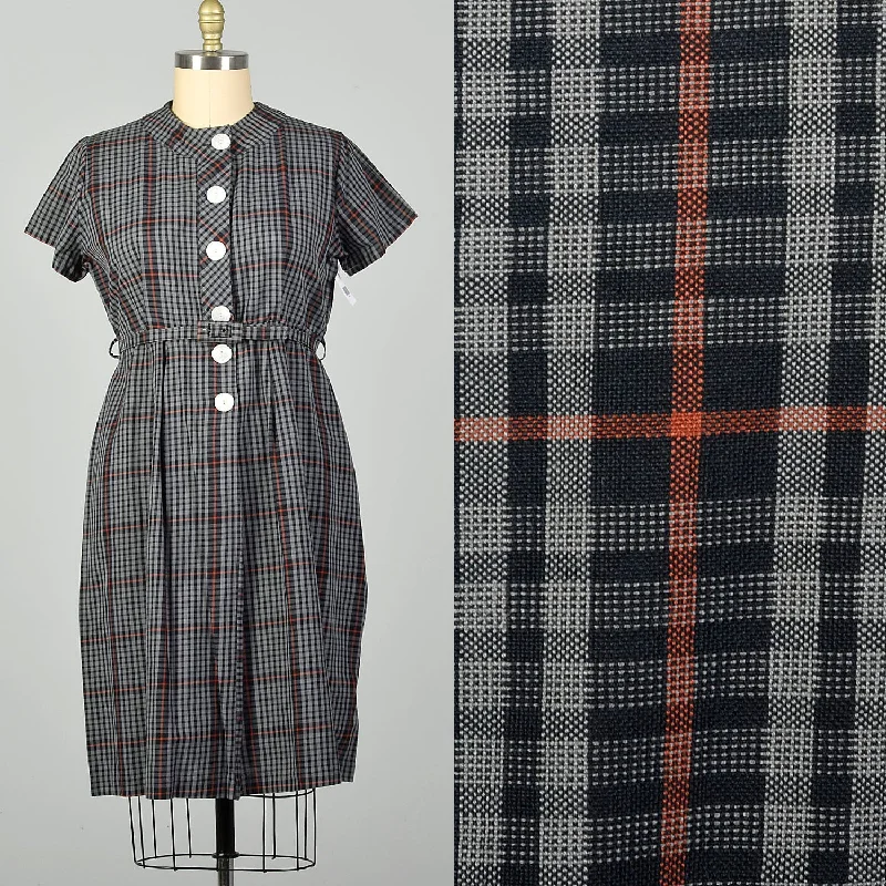 XXL 1950s Gray Cotton Day Dress Plaid Short Sleeves