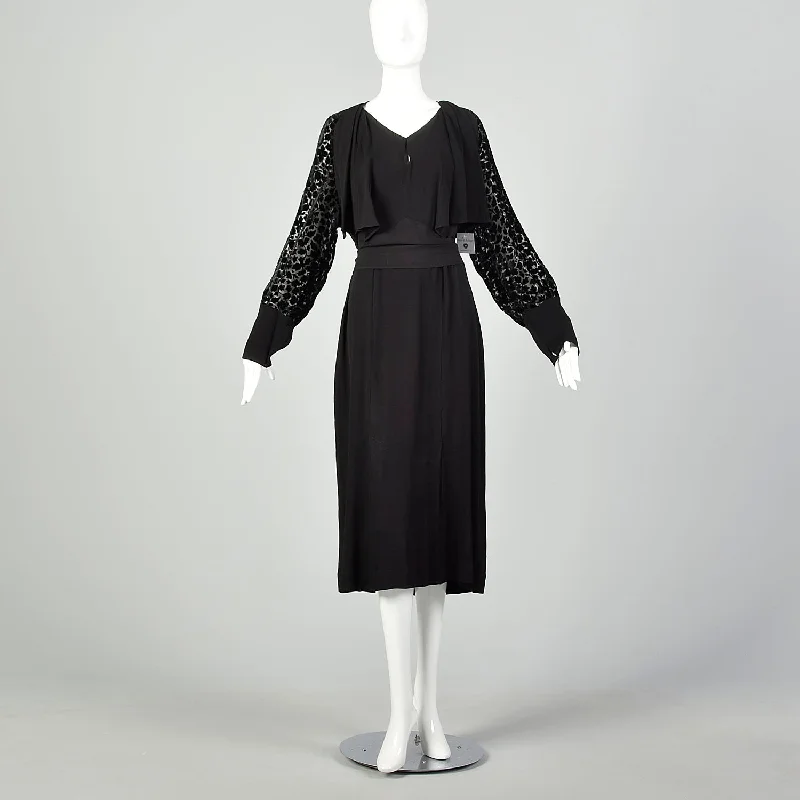 XL 1930s Dress Black Devore Velvet Sleeves Art Deco Long Sleeve LBD