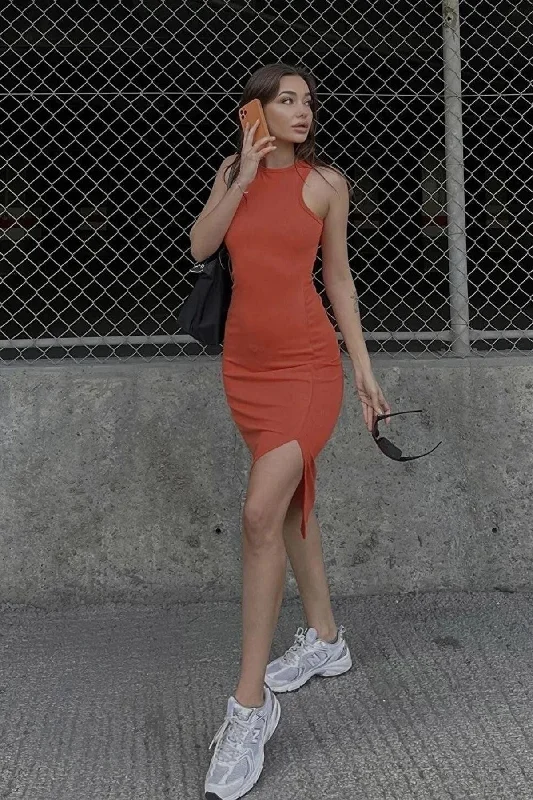 Orange Midi Length Pencil Dress (zck0486)
