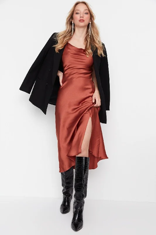 Bronze Lined Woven Satin Elegant Evening Dress TPRSS19BB0058