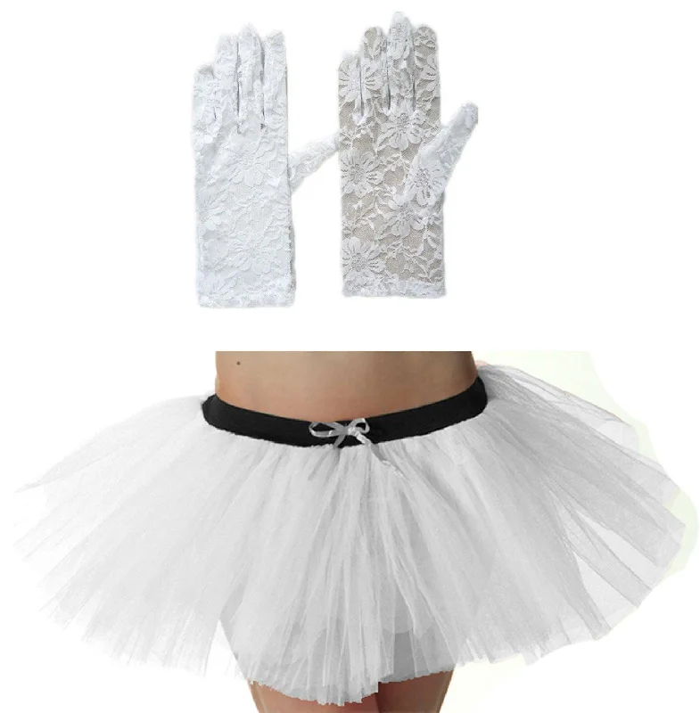 Ladies White 3 Layer Tutu Skirt Lace Gloves Dancewear Hen Night Fancy Dress