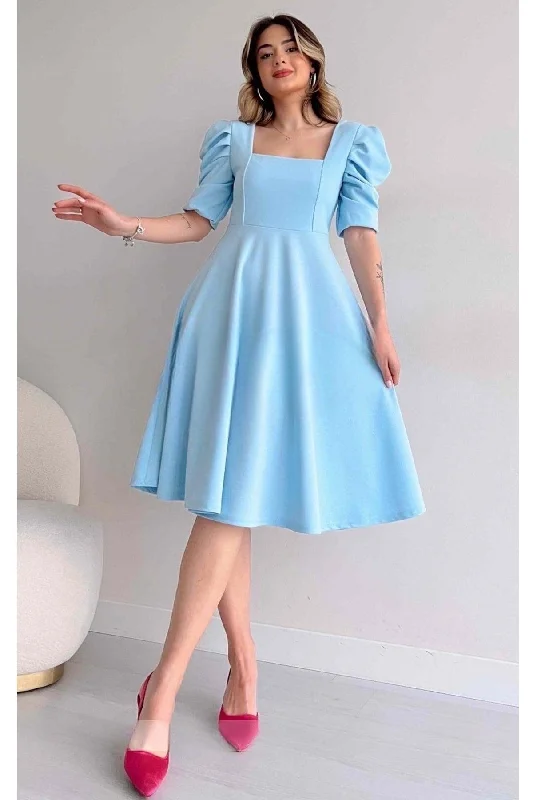 Women's Crepe Fabric Short Sleeve Square Collar Midi Length Flared Cut Baby Blue Dress