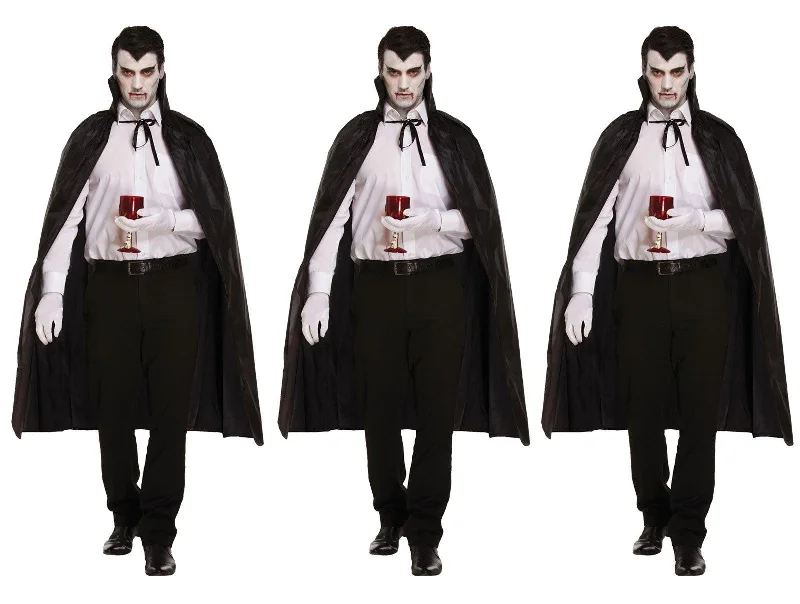 Pack of 3 Black Dracula Long Capes with Collar - Halloween Scary Vampire Fancy Dress Costume Accessories
