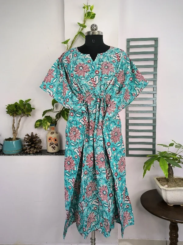Boho Style Kaftan Dress | Indian Handprinted with Monte Carlo Lotus Bloom | Breathable Lightweight Cotton Fabric, Comfortable, Chic Summer Look