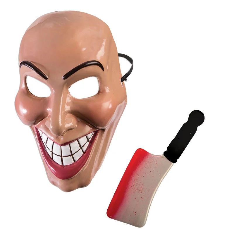 Female Evil Grin Purge Mask Creepy Smiling Face Mask with Blooded Cleaver Weapon Prop Halloween Scary Purge Fancy Dress Set