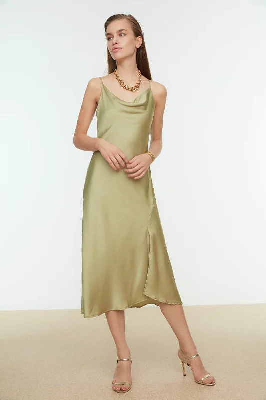 Green Lined Woven Satin Elegant Evening Dress TPRSS19BB0058