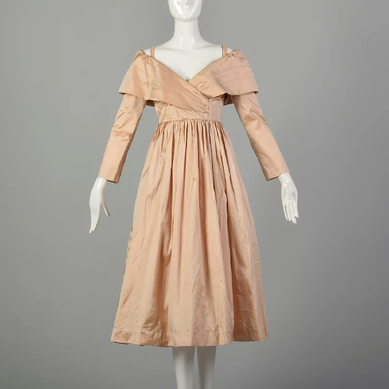 Small 1990s Catherine Regehr Dress Blush Pink Silk Taffeta Evening Gown Wedding Prom