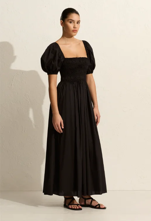 Matteau Shirred Bodice Peasant Dress - Black