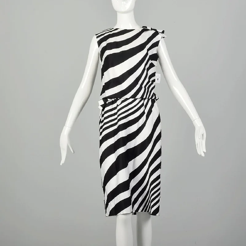 Small 1960s L'Aiglon Dress Black and White Striped Op Art Blouson Sleeveless Summer