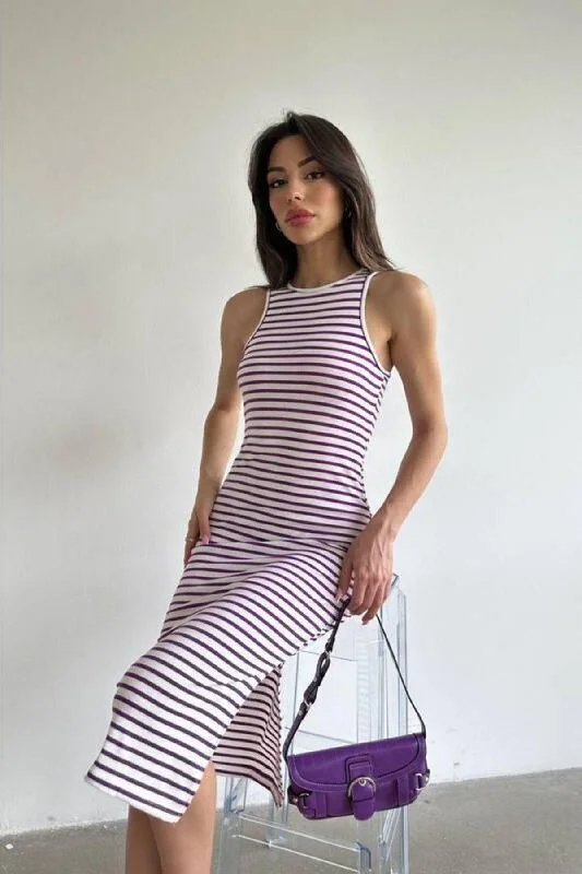 Purple Striped Midi Length Pencil Dress (zck0486)