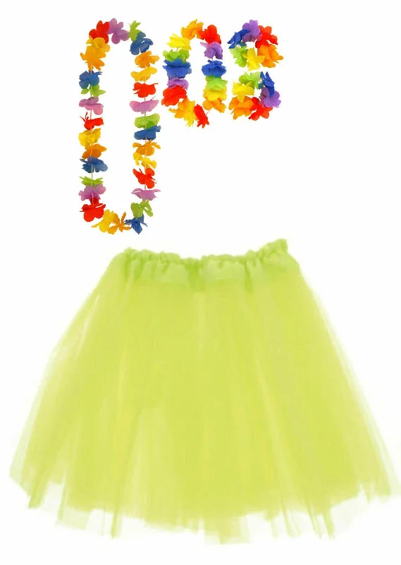 Neon Yellow Tutu Skirt with Satin Band Hula Lei Set Hawaiian Party Fancy Dress