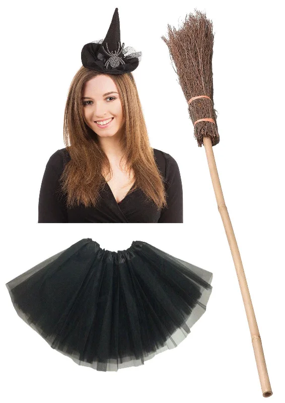 Witch Hat Headband with Diamante Spider Broom Stick Black 3 Layer Tutu Skirt Halloween Scary Witch Fancy Dress Costume