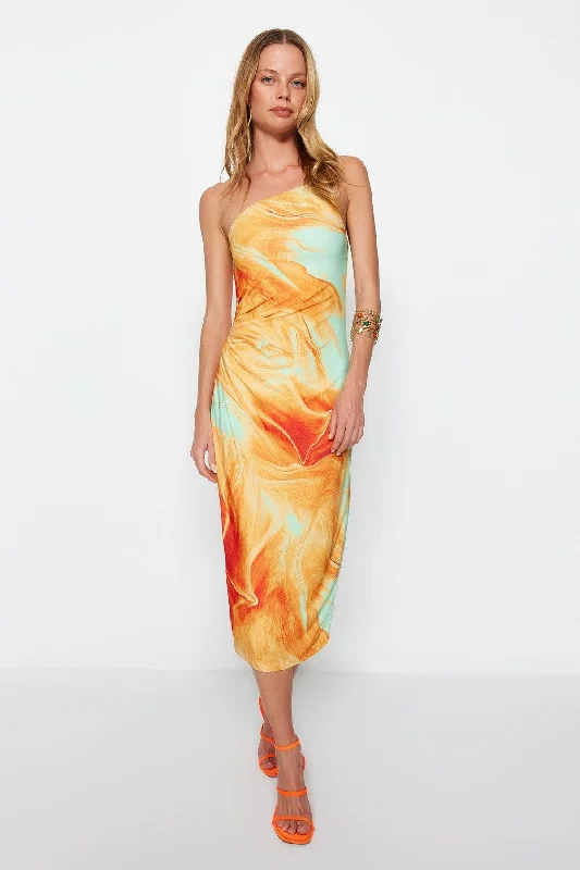 Limited Edition Orange Printed Fitted Midi One-Shoulder Elastic Knit Dress TWOSS23EL01577 Limited Edition Orange Printed Fitted Midi One-Shoulder Elastic Knit Dress TWOSS23EL01577