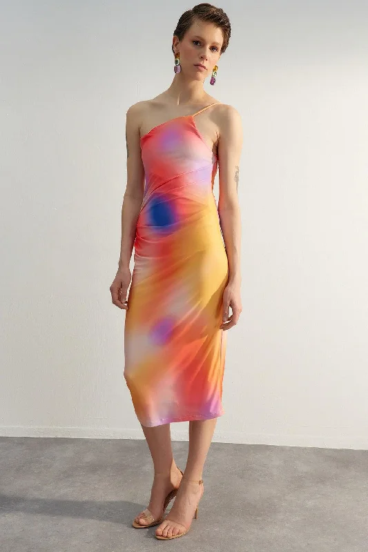 Limited Edition Multicolor Printed Fitted Midi One-Shoulder Stretch Knit Dress TWOSS23EL01577 Limited Edition Multicolor Printed Fitted Midi One-Shoulder Stretch Knit Dress TWOSS23EL01577