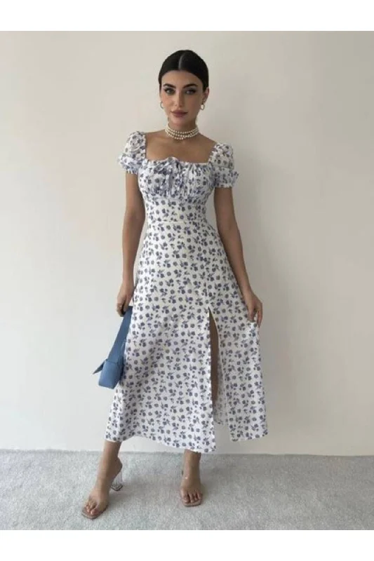 White Blue Floral Midi Length Slit Dress