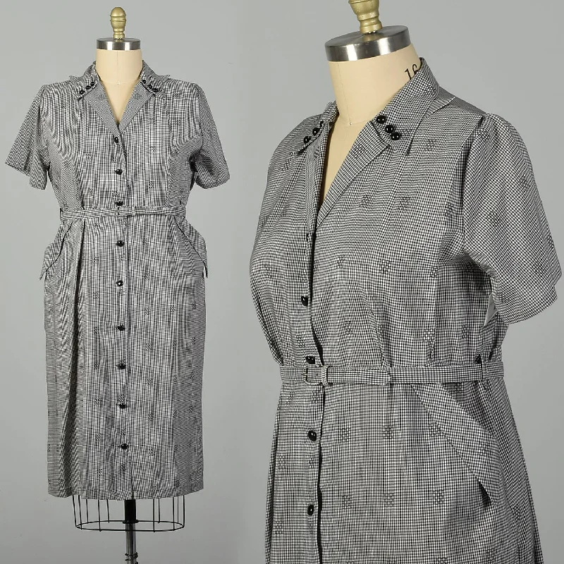 XXL 1950s Black Checkered Dress Short Sleeve Waist Belt