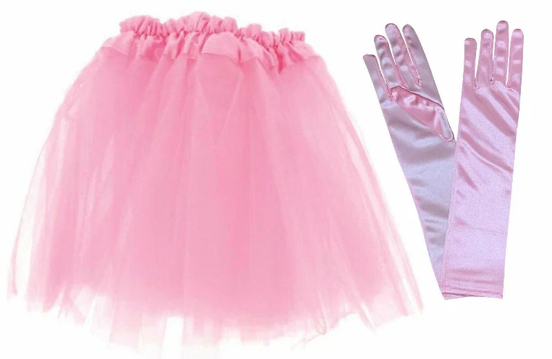 Pink Short Satin Band Tutu Skirt Long Satin Gloves Hen Night Party Fancy Dress