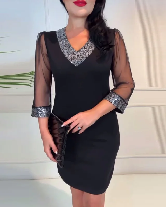 V-Neck Mesh Stitching Slim Dress