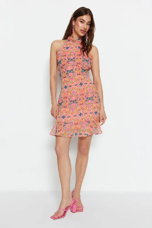 Pink Stand Up Collar Printed Dress TWOSS23EL02293