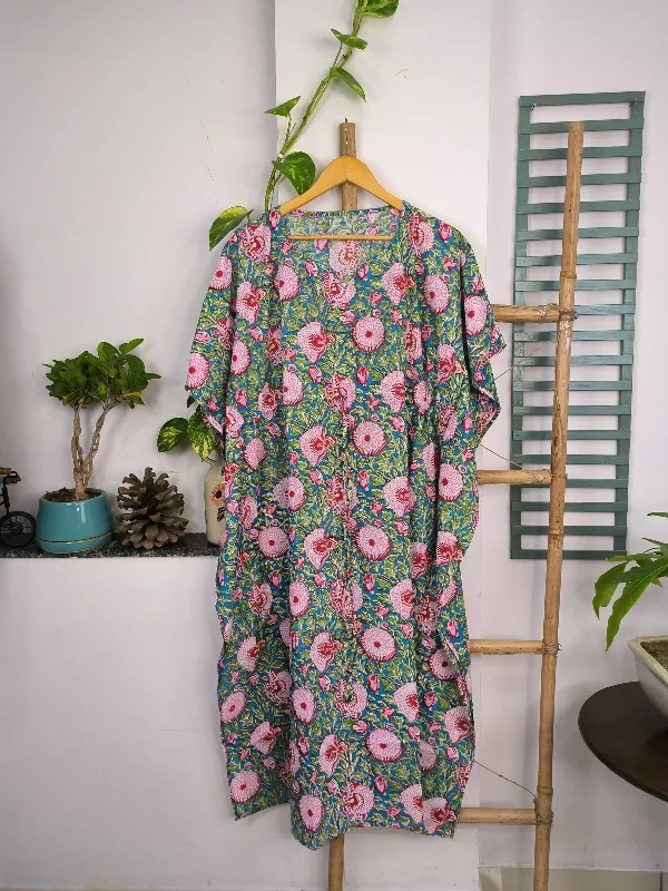 Boho Style Kaftan Dress | Indian Handprinted with Aqua Blue Garden Floral | Breathable Lightweight Cotton Fabric, Comfortable, Chic Summer Look Boho Style Kaftan Dress | Indian Handprinted with Aqua Blue Garden Floral | Breathable Lightweight Cotton Fabric, Comfortable, Chic Summer Look