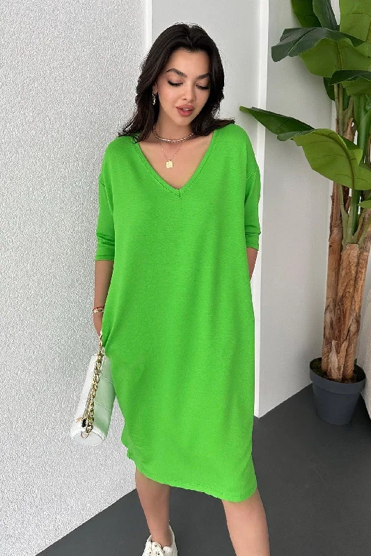 V Neck Midi Length Loose Dress