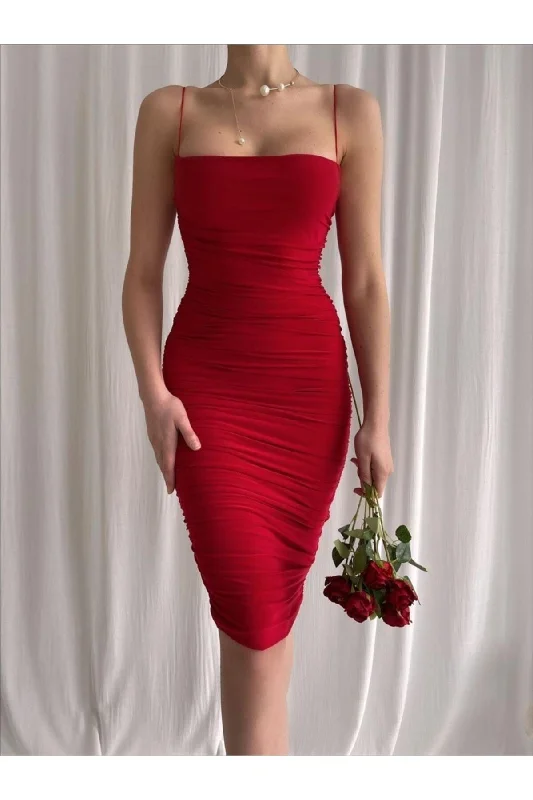 Women's Red Slim Strap Draped Midi Evening Dress Ggcoco