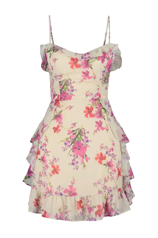 Beige A-Line Mini Woven Lined Flared Floral Dress TWOSS20EL1267