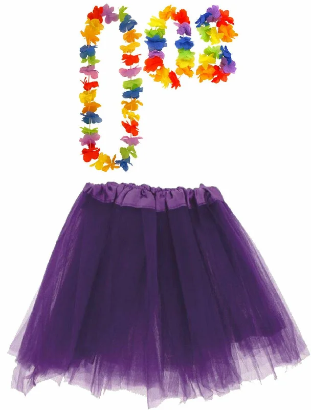 Purple Tutu Skirt with Satin Band Multicolour Hula Lei Set Hawaiian Fancy Dress