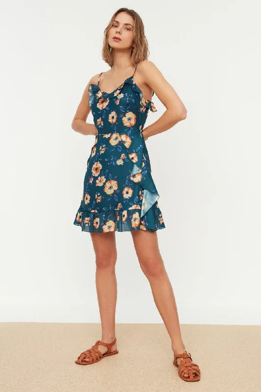 Navy Blue A-Line Mini Woven Lined Floral Patterned Dress TWOSS20EL1267