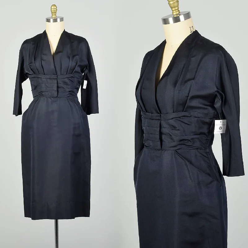 Large 1950s Bonwit Teller Dark Navy Blue Silk Cocktail Dress