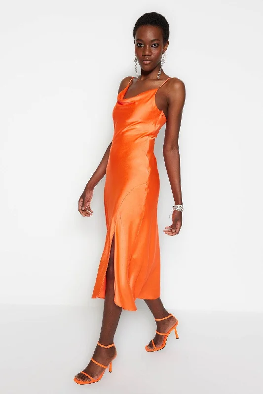 Orange Lined Woven Satin Elegant Evening Dress TPRSS19BB0058