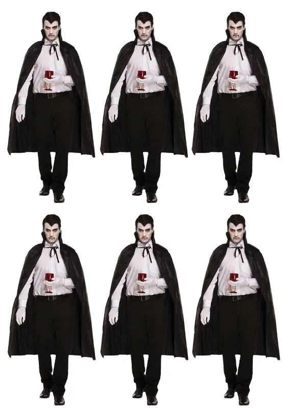 Bundle of 6 Black Dracula Long Capes with Collar - Halloween Unisex Scary Vampire Fancy Dress Costume Accessories