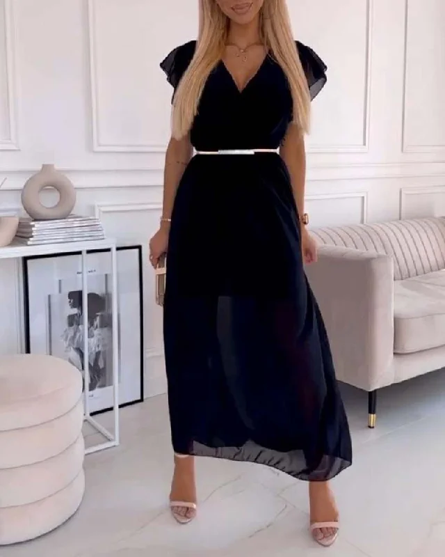 Solid color deep V elegant long dress