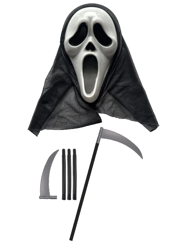 Ghost Killer Mask, Hooded Scream Mask, and 110cm Plastic Scythe Prop - Halloween Horror Grim Reaper Fancy Dress Set
