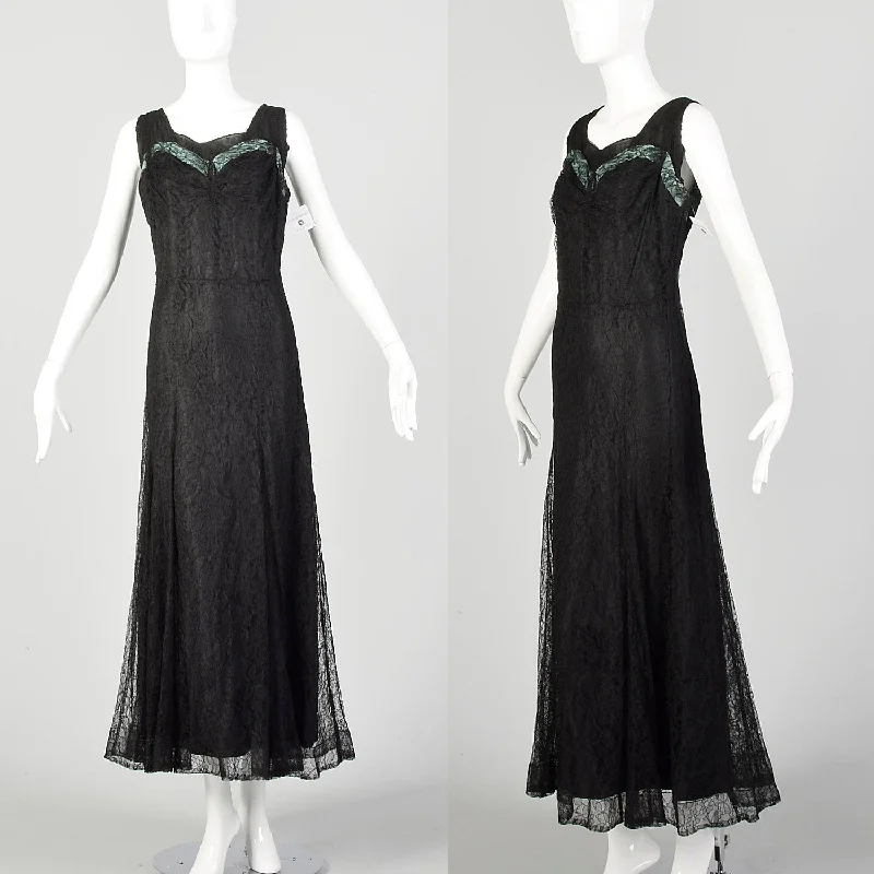 XL 1930s Dress Black Vintage Lace Maxi Sleeveless