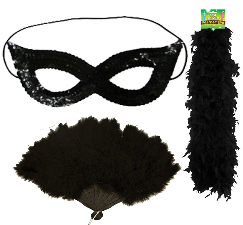 Ladies Black Feather Boa Hand Fan Sequin Face Mask Hen Night Fancy Dress Set