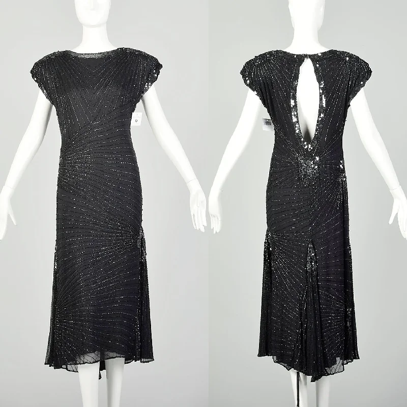 Medium 1980s Black Silk Beaded Dress Cocktail Party Keyhole Back