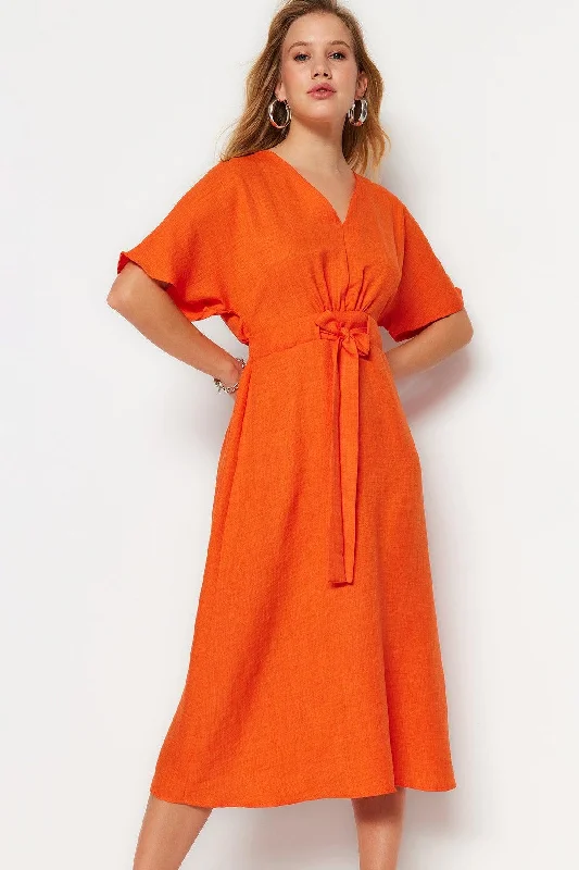 Orange Tie Detailed Midi Woven Dress TWOSS23EL01543