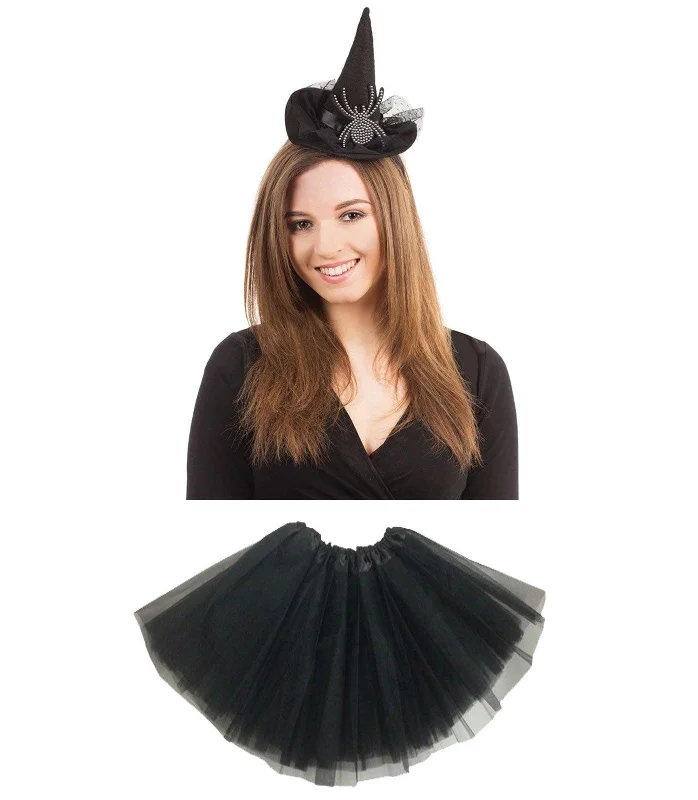Witch Hat Headband with Diamante Spider Black 3 Layer Tutu Skirt Halloween Scary Witch Look Fancy Dress Set