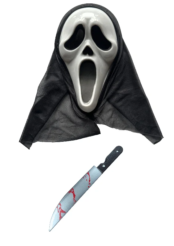 Ghost Killer Mask, Scream Mask with Hood, and 50cm Fake Blooded Kitchen Knife Prop - Halloween Horror Fancy Dress Set