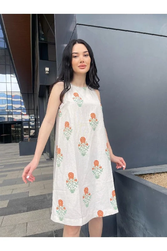 Beige-orange Crew Neck Beige-Marbling Pattern Sleeveless Linen Bell Dress